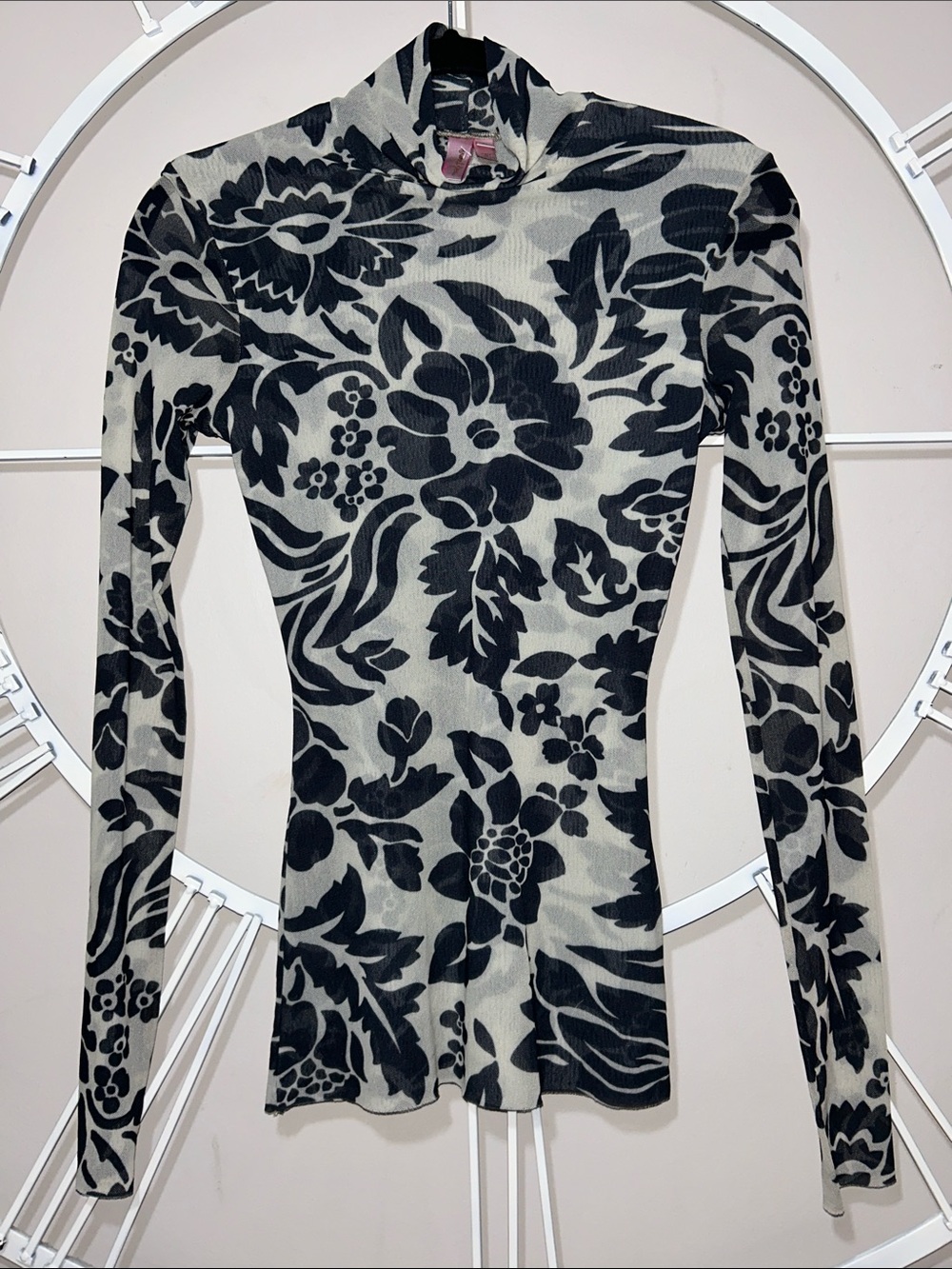 Sweet Pea by Stacy Frati Y2K Floral Mesh Turtleneck Long Sleeve Top